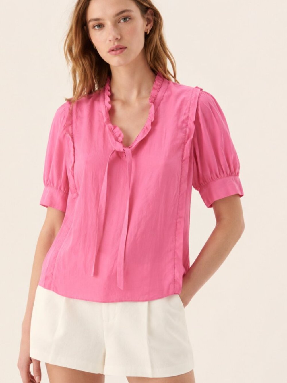 SANDRO 100% Silk Bright Pink Ruffle Romantic Tie Neck Blouse Women's Medium $285